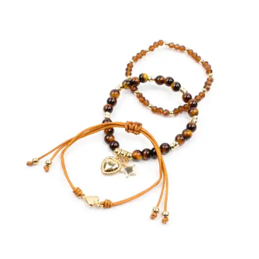 Set Tres Pulseras Hilo y Elasticas Simil Ojo de Tigre y Dijes Dorados