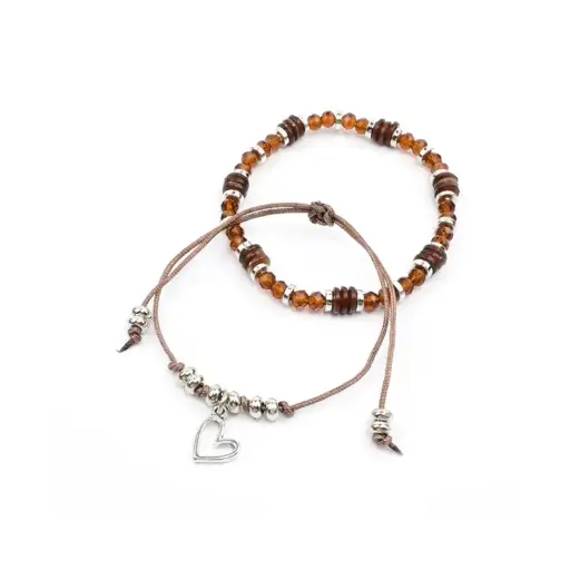 [109446] Set Pulseras Hilo y Elastica Tonos Marrones con Dijes Plateados