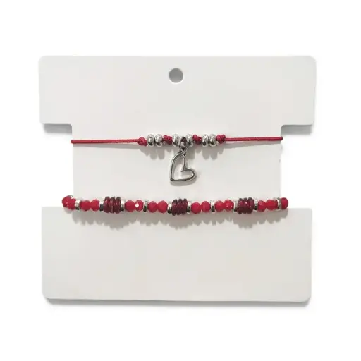 [109446] Set Pulseras Hilo y Elastica Tonos Rojos con Dijes Plateados