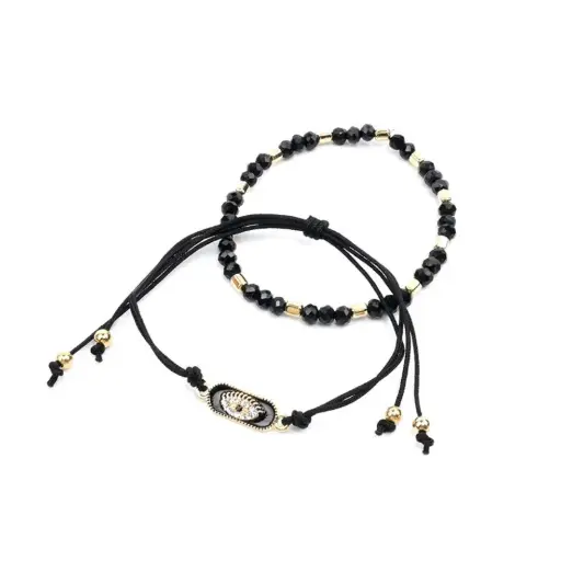 [109449] Set Pulseras Hilo y Elastica Negra con Ojo Turco