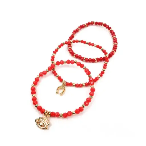 [109926] Set Tres Pulseras Elasticas Rojas con Dijes Dorados