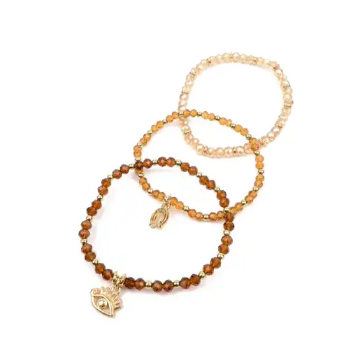 [109926] Set Tres Pulseras Elasticas Beige con Dijes Dorados