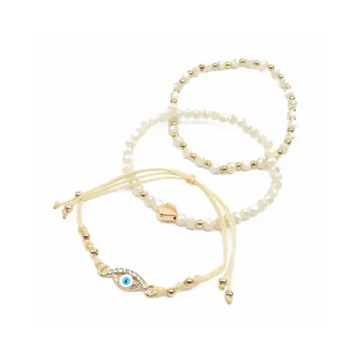 [109460] Set Tres Pulseras Hilo con Ojo Turco y Elasticas Tonos Beige Dije Corazon 