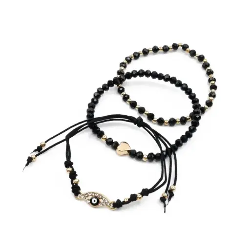 [109460] Set Tres Pulseras Hilo con Ojo Turco y Elasticas Negras Dije Corazon 