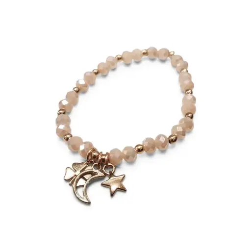 [110274] Pulsera Elastica Rosa con Dijes Dorados Luna, Trebol y Estrella 