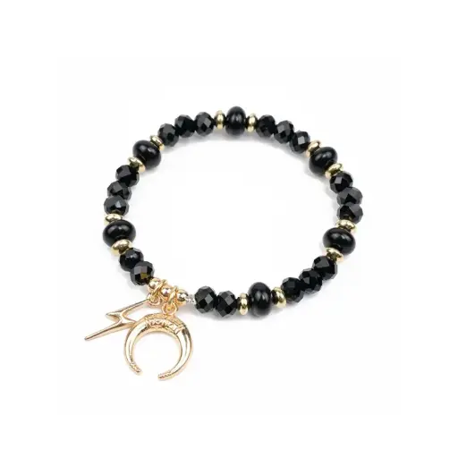[110255] Pulsera Elastica Negra con Dijes Dorado Rayo y Luna