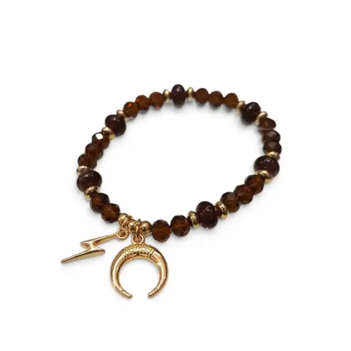 [110255] Pulsera Elastica Ambar con Dijes Dorado Rayo y Luna