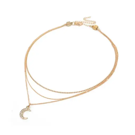 Collar Triple de Cadenas Doradas con Dije de Luna con Strass