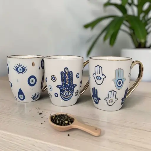 Taza de Ceramica Blanca con Mango Dorado Modelos Varios 