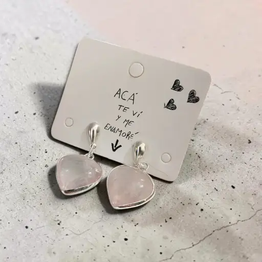 Aros Gema Cuarzo Rosa Corazon con Virola