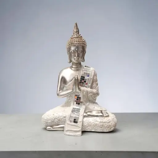 Buda Plateado Manto con Espejo y Nacar 20cm