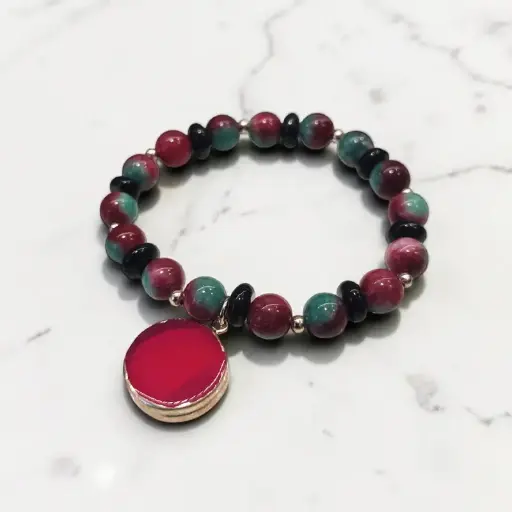 Pulsera Gema Elastica Agata Sandia, Donas de Obsidiana Negra y Dije de Agata 