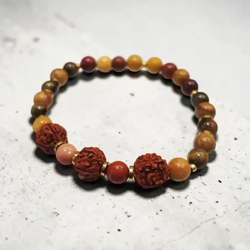 Pulsera Gema Elastica Mokaita, Ojo de Tigre, Jaspe Madera, Hematite Dorado y Rudraksha 