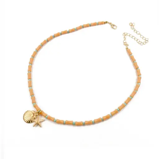 [113410] Collar con Salmon y Celeste con Dijes Dorados 