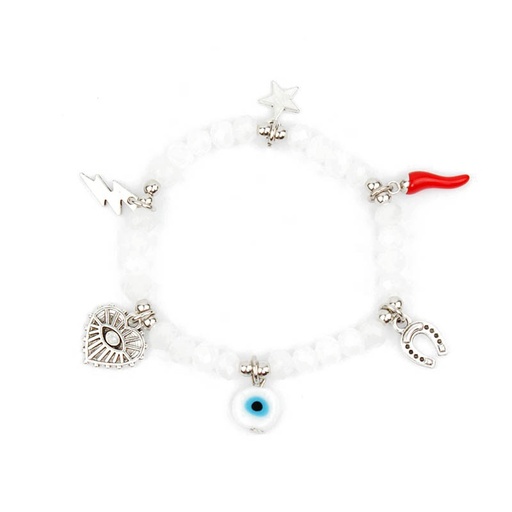 [88697] Pulsera Elastica Blanca con Ojo Turco, Herradura y Dijes Varios