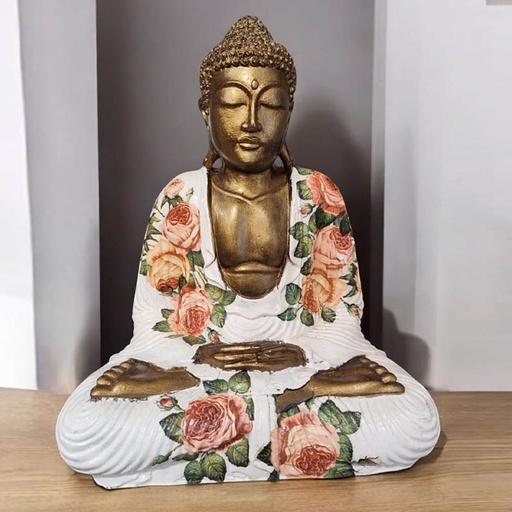 Buda Dorado Manto Blanco con Flores Resina 40cm